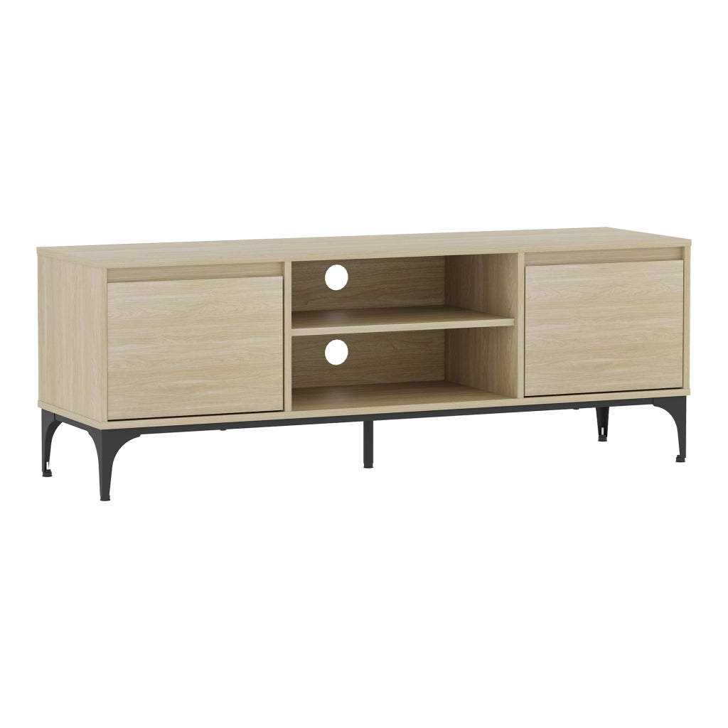 Mobile Porta TV Kistiandi a Vani Aperti e Chiusi con Ante 140 x 40 x 50 cm - Effetto Rovere Chiaro [en.casa]