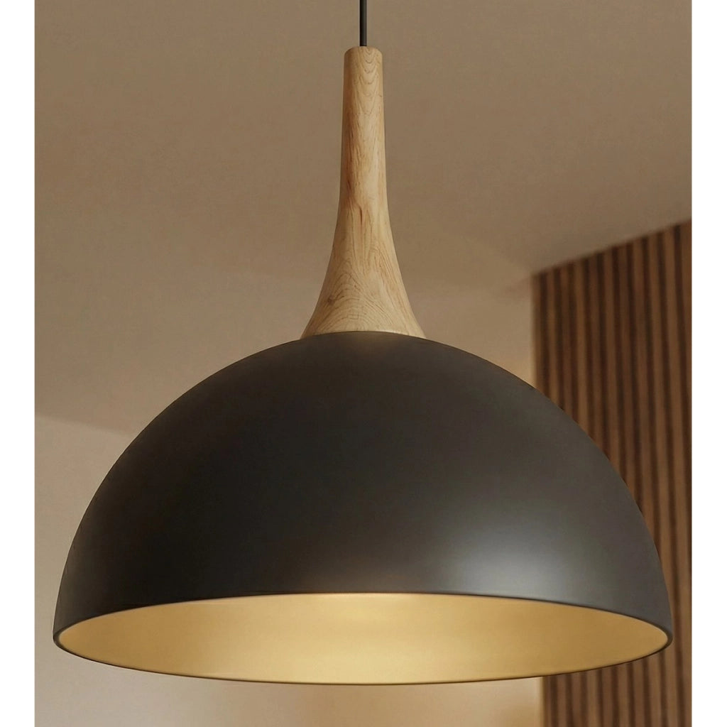 Lampada a sospensione Nautica in acciaio nero opaco e legno