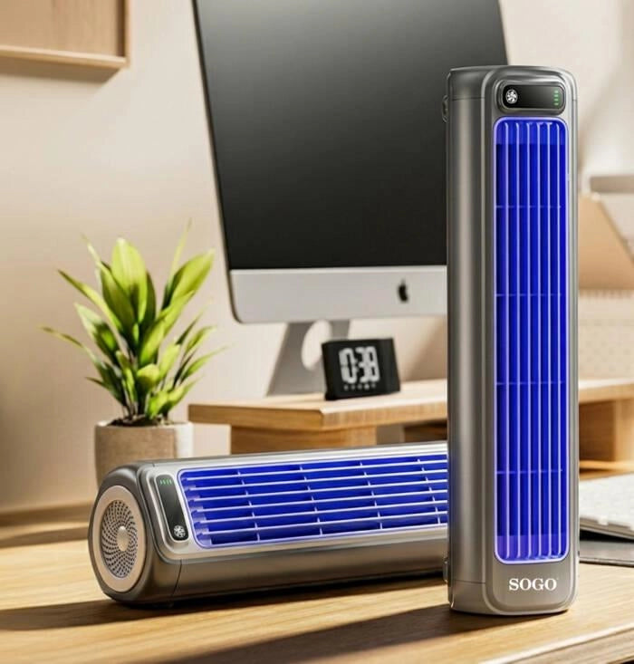 Ventilatore a torre ricaricabile senza pale, 3 velocità, display LED, batteria 2000 mAh, funzione da tavolo e parete - SOGO