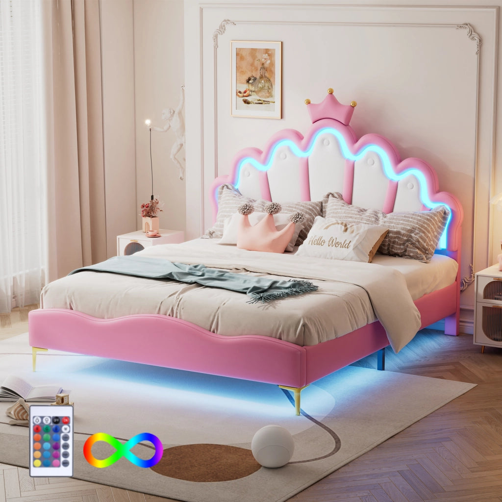 OKWISH Letto Matrimoniale 140×200 cm con LED Regolabile, Testiera a Corona e Luce Sotto Letto, senza Materasso, in PU, Rosa