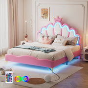 OKWISH Letto Matrimoniale 140×200 cm con LED Regolabile, Testiera a Corona e Luce Sotto Letto, senza Materasso, in PU, Rosa