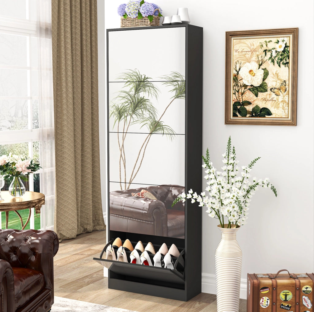 Scarpiera slim con specchio 5 ante a ribalta doppio ripiano in MDF nera 63×23;6×185 cm
