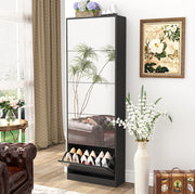 Scarpiera slim con specchio 5 ante a ribalta doppio ripiano in MDF nera 63×23;6×185 cm