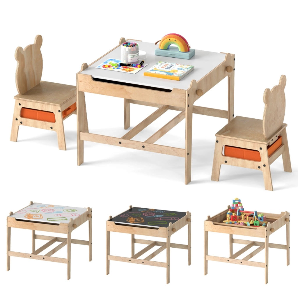 Set tavolo e sedie per bambini con lavagna reversibile bianca e nera per arti, Tavolo mobiletto in legno per bambini Legno naturale-Tavoli e sedie