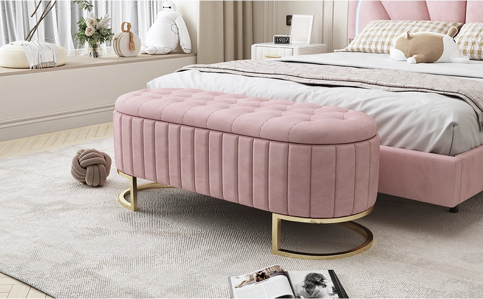 Pouf contenitore imbottito 120 x 39,9 x 41,9 cm in velluto rosa con gambe in metallo