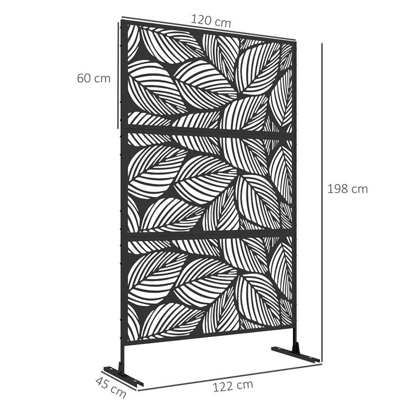 PARAVENTO DA ESTERNO DECORATIVO IN ACCIAIO TRAFORATO CON DESIGN A FOGLIE, 122X198CM, NERO