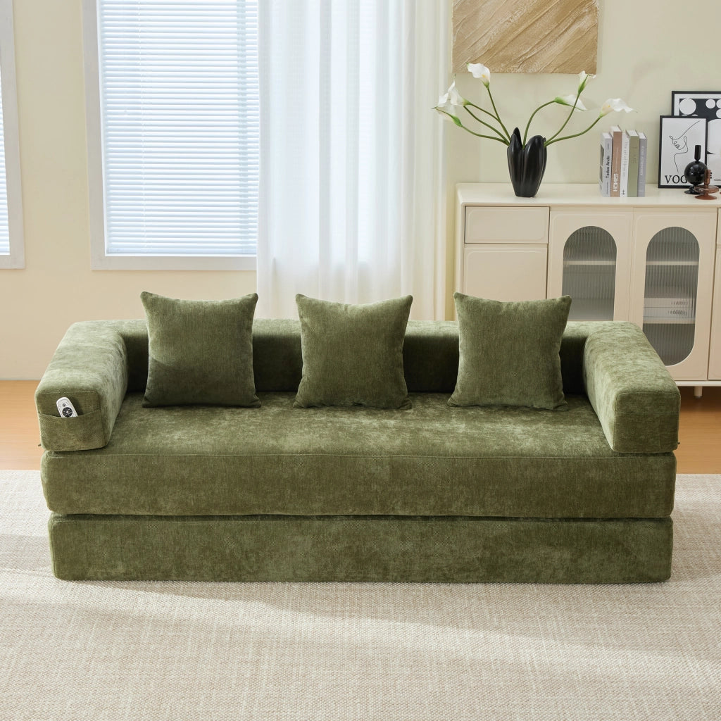 Divano modulare in ciniglia con tasche laterali; chiusura con zip e base antiscivolo; verde