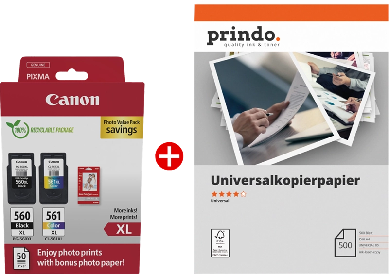 ORIGINAL Canon Value Pack nero / differenti colori / Bianco PG-560XL+CL-561XL MCVP + Prindo Universal Papier 500 Blatt ~700 Seiten