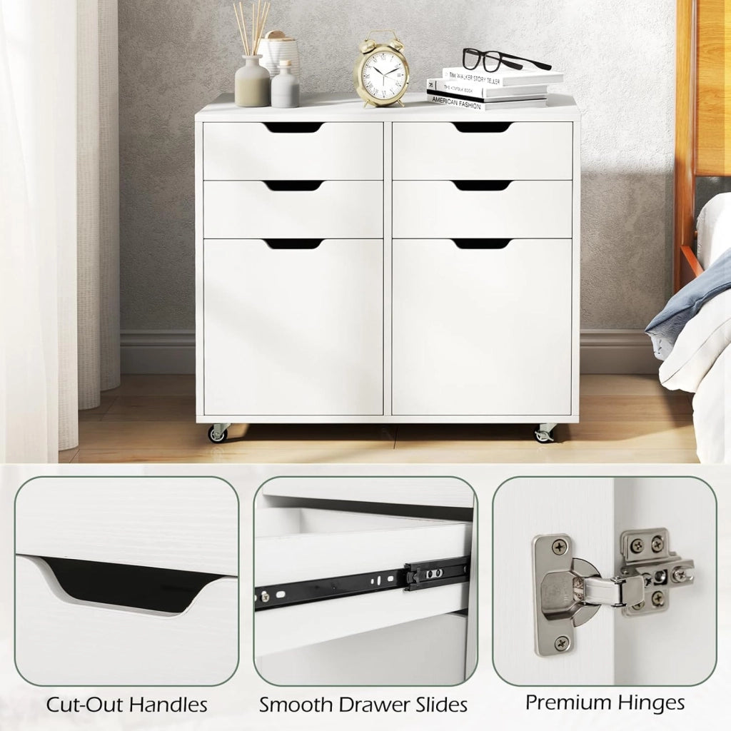 Raccoglitore mobile con 5 ruote, cassettiera con 4 cassetti e 2 armadi con porte, supporto per stampante in legno, mobile di stoccaggio per ufficio, soggiorno
