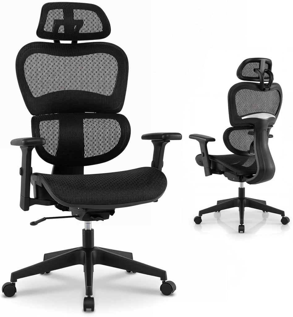 Sedia da Ufficio Ergonomica, Schienale Reclinabile | Poggiatesta Regolabile e Supporto Lombare, Altezza Regolabile, Poltrona con Ruote per Studio, Portata 125 kg