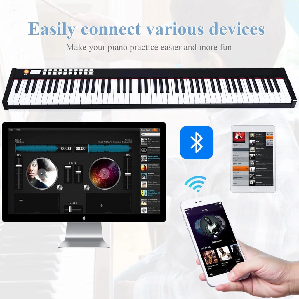 Pianoforte Digitale 88 Tasti Multifunzionale, Tastiera Elettronica con Funzione Bluetooth, Pianola Semi-Pesato per Principianti con Pedale di Sustain, 127 x 21,5 x 6,5 cm (Nero)