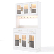 Credenza da cucina con 6 Ante; 2 Cassetti; Ripiani Regolabili e LED; Stile Rustico; in MDF; Bianco