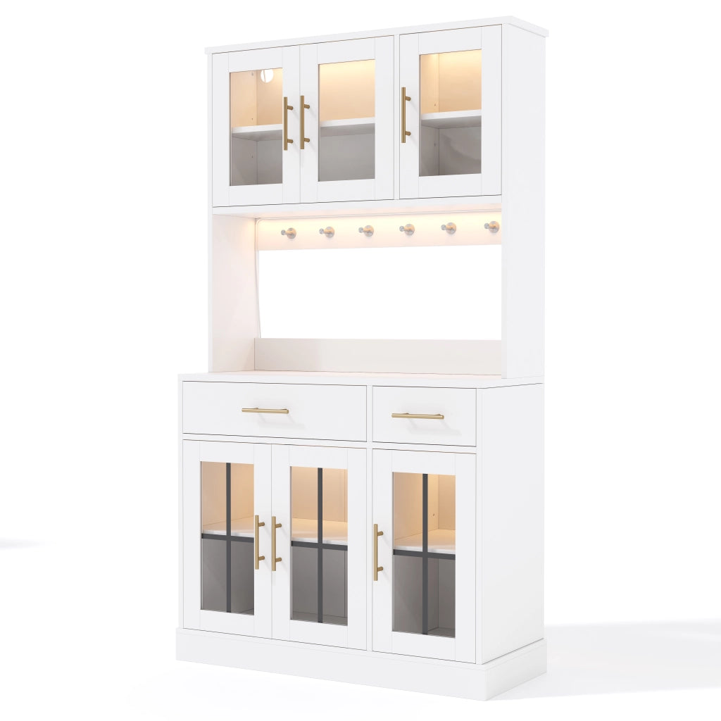 Credenza da cucina con 6 Ante; 2 Cassetti; Ripiani Regolabili e LED; Stile Rustico; in MDF; Bianco