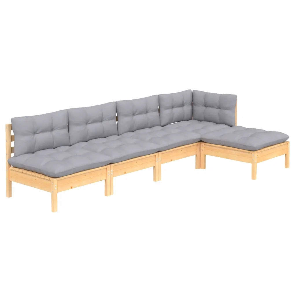 Set Divani da Giardino 5 pz | Set Salotto da Giardino con Cuscini Grigi Massello di Pino
