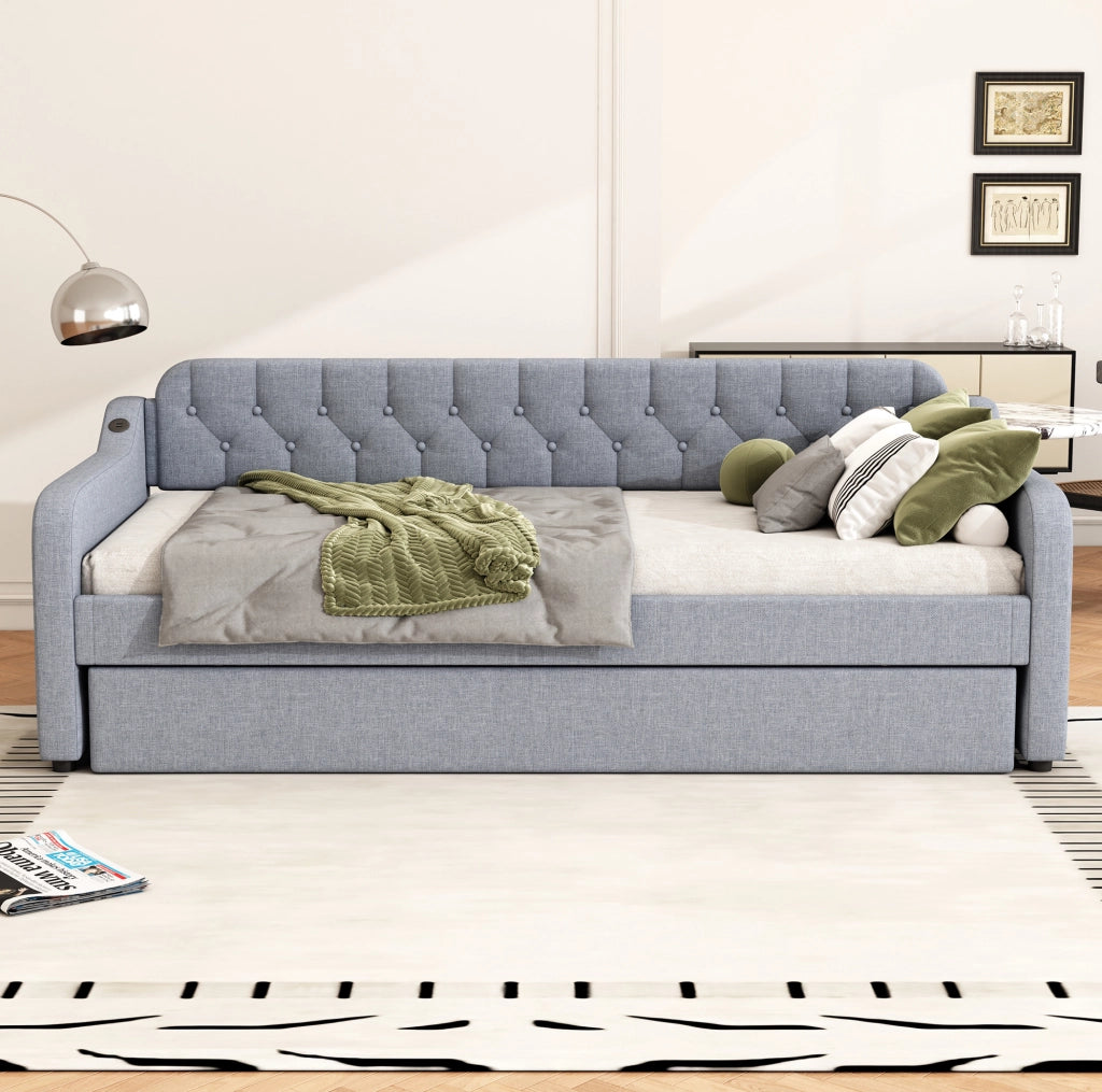 Divano letto 90x200 cm con letto estraibile; lino; grigio
