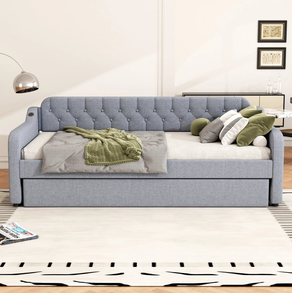 Divano letto 90x200 cm con letto estraibile; lino; grigio