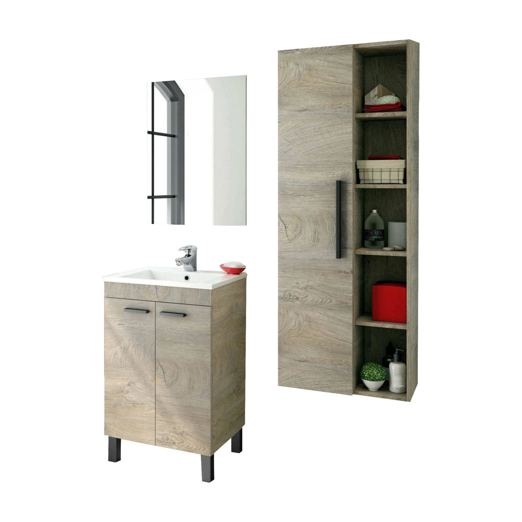 Sorico, set Mobili Bagno Specchio Incluso, Marrone Rovere