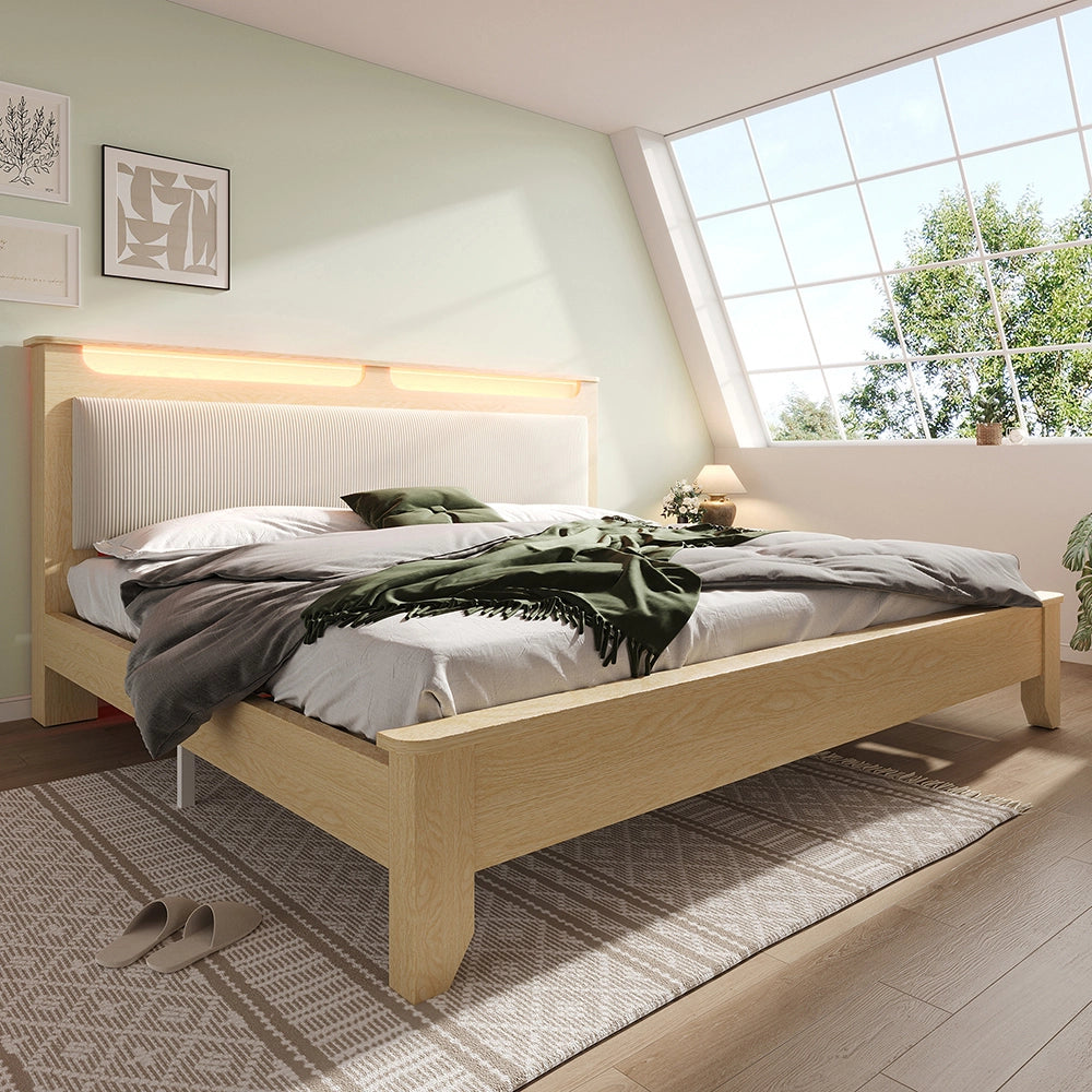 Letto matrimoniale-Xylo-180x200 cm-LED, testiera velluto, quercia chiaro, senza materasso