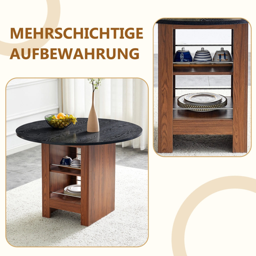 Tavolo da pranzo rotondo con vani aperti in MDF effetto noce e nero stile moderno per cucina e soggiorno diametro 100 cm