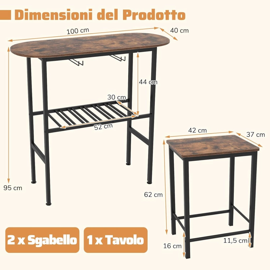 Tavolo da Pranzo con 2 Sgabelli, Tavolino e Sedie con Portabottiglie, Poggiapiedi e Struttura in Metallo, Mobili da Cucina per Bar, Bistro e Soggiorno (Marrone e Nero)