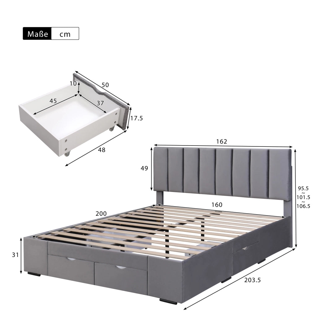 Letto imbottito 160x200 cm in velluto grigio con rete a doghe e 4 cassetti