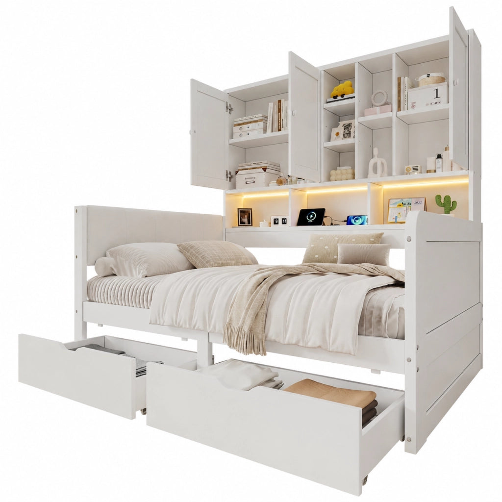 Letto per bambini 90x200 cm con LED e USB, letto a divano a L con testiera in PU, cassetti contenitore, ripiani e armadio, legno bianco