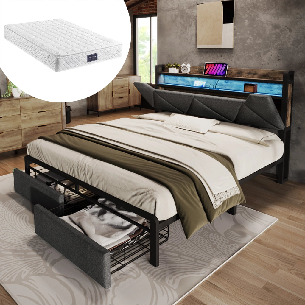 Letto matrimoniale 140x200 con testiera contenitore, LED, USB-C e 2 cassetti, struttura in metallo grigia