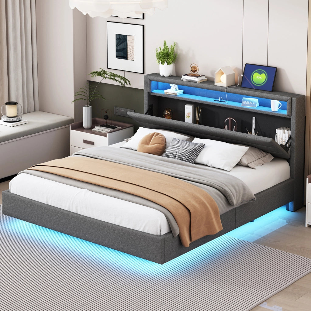 Letto imbottito 160x200 cm con USB e luci LED; tessuto effetto lino grigio (Senza materasso)
