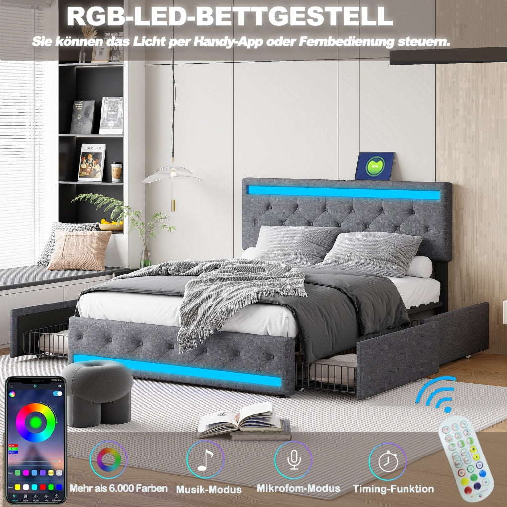 Letto matrimoniale 160x200 cm con LED; USB e vani contenitore grigio scuro