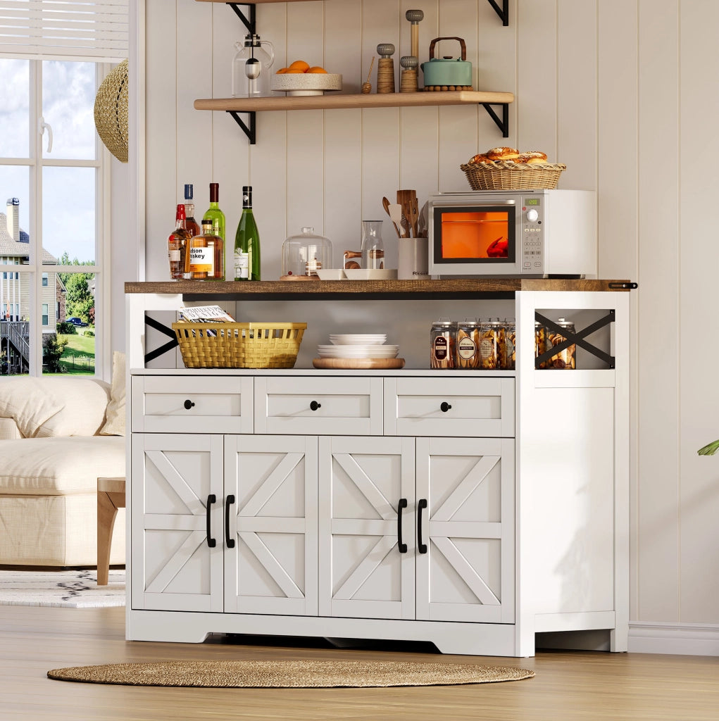 Credenza buffet 140 cm bianco e marrone con 3 cassetti e 2 armadietti