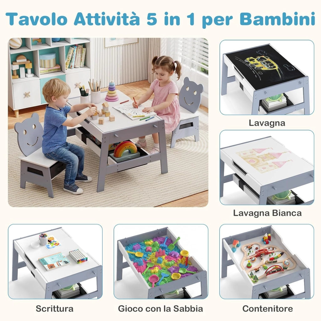 Set Tavolo e 2 Sedie per Bambini, 5 in 1 Tavolino e Sedie con 4 Ganci, 3 Scatole in Tessuto e Lavagna Reversibile per Bambini 3+ Anni per Cameretta Ragazzi (Grigio, Stile 4)