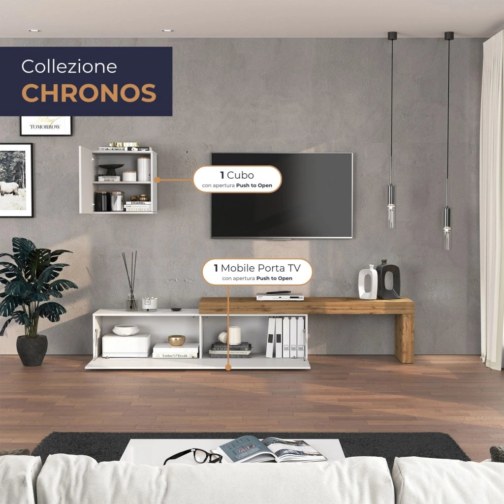 WHOUS Parete attrezzata Chronos set soggiorno bianco lucido e rovere 190/350x40 cm