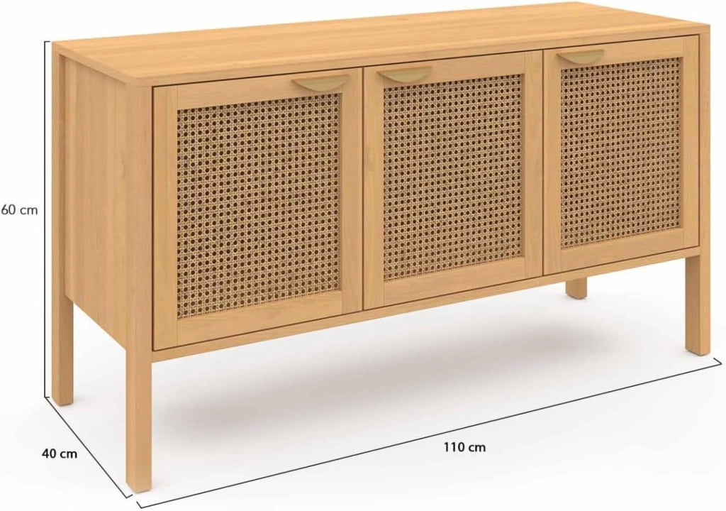 EDHEN Aparador bajo de 3 puertas con mimbre 110 cm