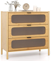 Cassettiera in bambù a 3 cassetti, comodino a 3 livelli con kit antiribaltamento e decorazione in vetro temperato, mobile portaoggetti in legno per camera da letto e soggiorno, naturale