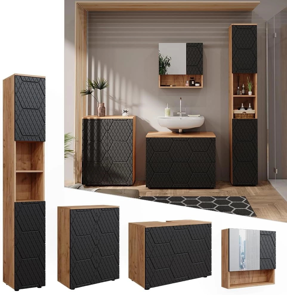 set mobili bagno Irma, Quercia dorata/Antracite, 4 pezzi, con cassettiera e mobile midi