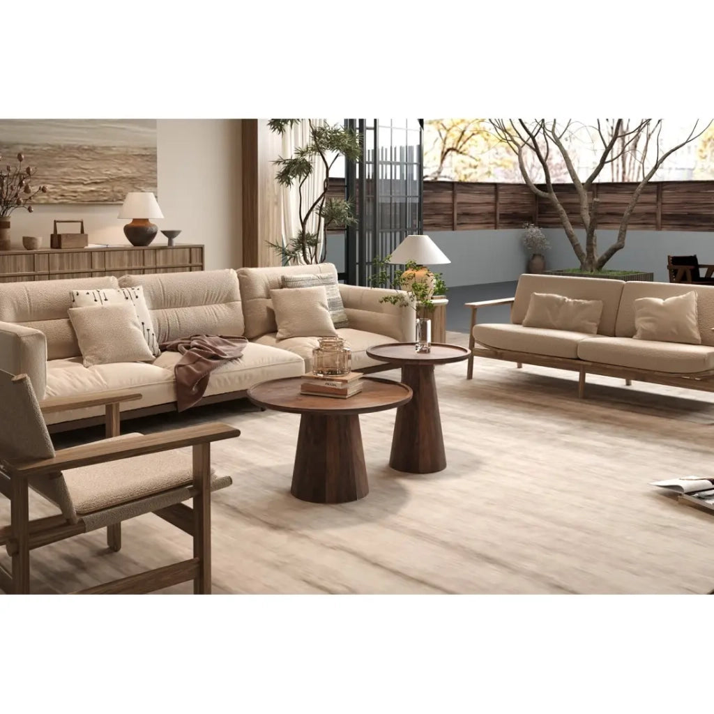 Tavolino rotondo in legno massiccio collezione JAKARTA - Stile etnico e design - Diametro 45cm.