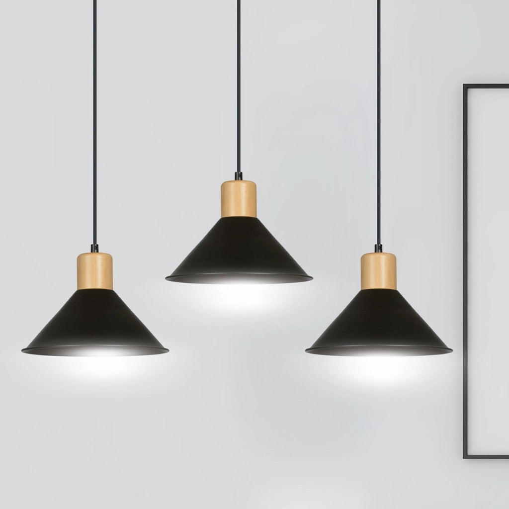 Lampada a sospensione ROWEN in acciaio nero e legno