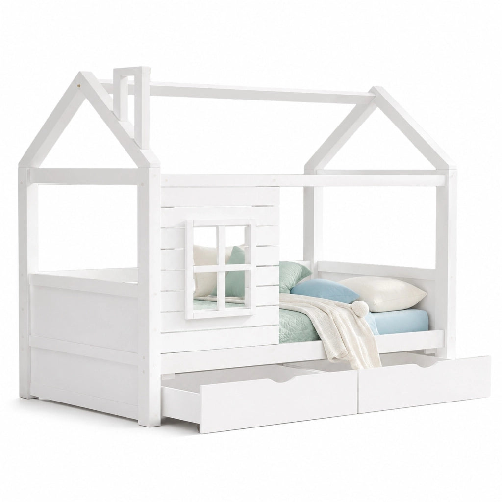 Letto per bambini a casetta 90x200 cm in legno massello di pino, bianco, con sponde, rete a doghe e 2 cassetti contenitore