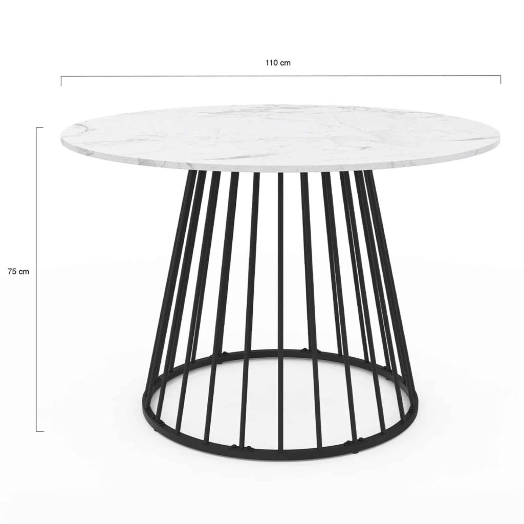 IDMarket - Tavolo da pranzo rotondo YUNA 6 persone con piano in marmo bianco ALASKA e gamba in filo metallico nero 110 cm
