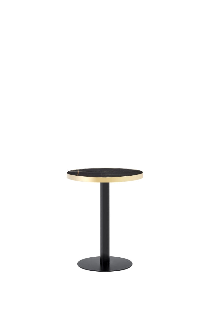 Tavolino basso rotondo effetto marmo con bordo dorato, in MDF e metallo, per soggiorno e camera, nero, Ø 60 cm × 73,7 cm