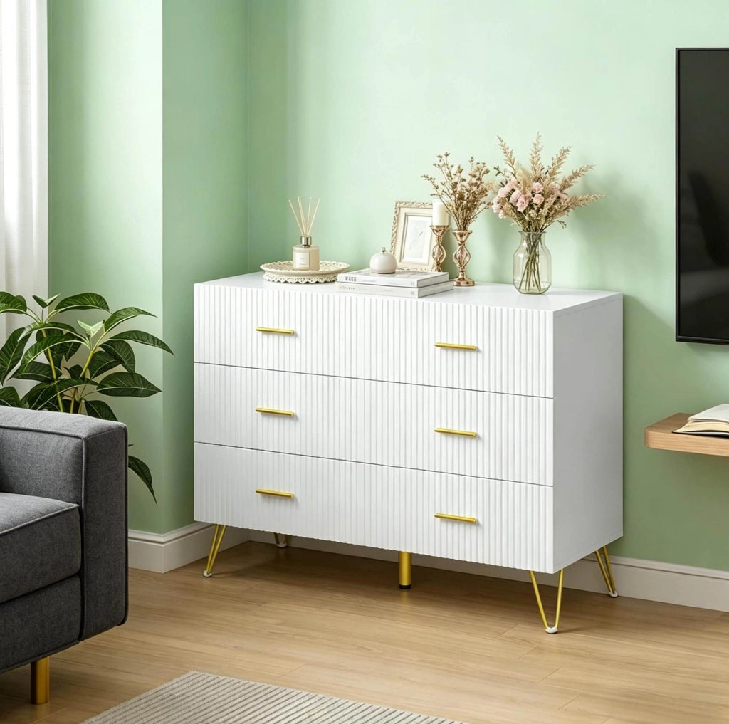 Cassettiera bianca e oro con 6 cassetti, 100 x 40 x 75 cm