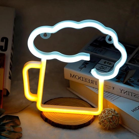 Decorazione a neon 3D per bar, pub, nachtclub e negozio, illuminazione a LED per festa, festival e Natale, neonbord bianco e giallo, alimentato da batterie o via USB