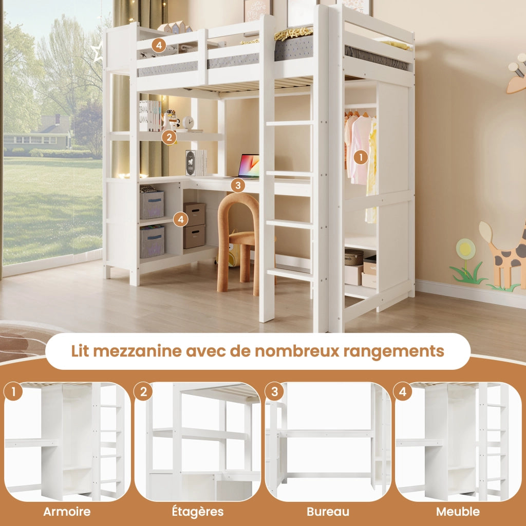 Letto a soppalco 90 × 200 cm con scrivania, ripiani e armadio integrati, senza materasso, bianco in pino