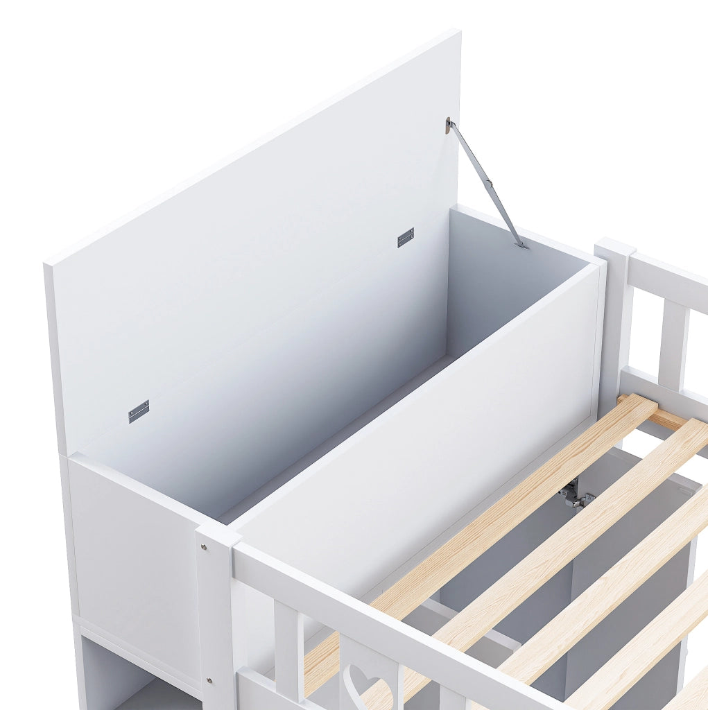 Letto a soppalco bianco 90x200 cm con scala contenitore, scaffali e armadietto ribaltabile