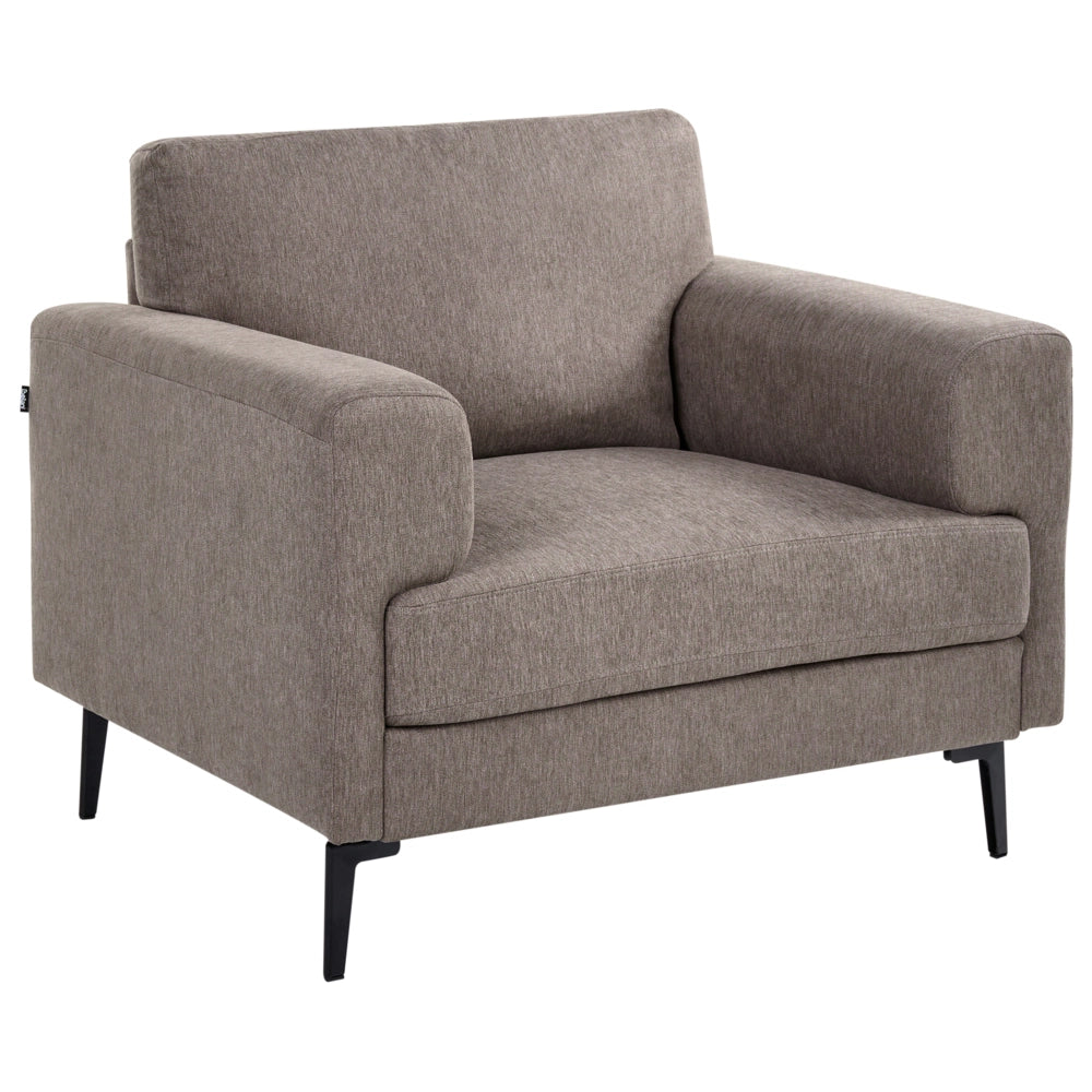 Poltrona minimalista in stile moderno di metà secolo con rivestimento in tessuto, gambe in metallo imbottite e braccioli lineari, colore marrone