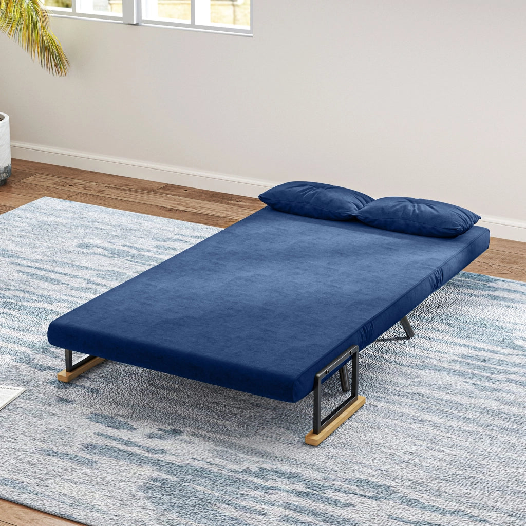 Divano Letto 3 in 1 in Tessuto Effetto Velluto con Schienale Regolabile e 2 Cuscini, 102x73x81 cm, Blu
