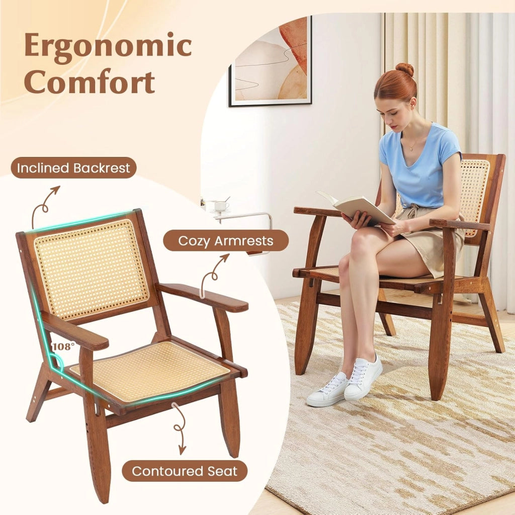 Poltrona per Soggiorno, Sedia da Relax in Bambù con Schienale Inclinato e Braccioli, Sedia in Rattan Intrecciato per Camera da Letto, Soggiorno e Balcone, Portata 150 kg