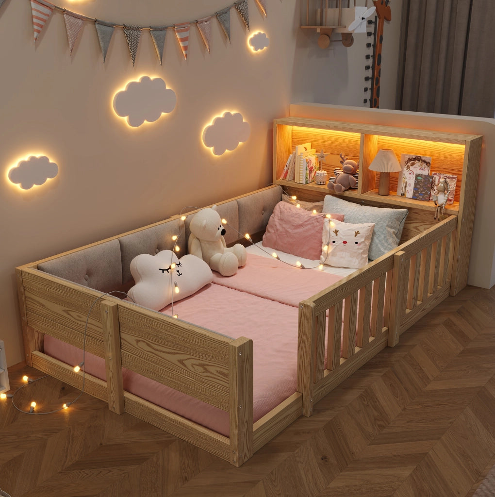 Letto per bambini 90 x 200 cm con sponde, LED e vano contenitore