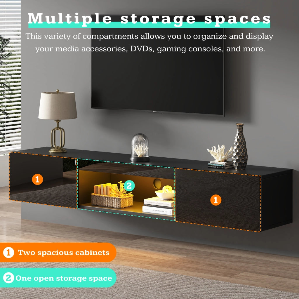 Mobile porta TV sospeso con LED, vani aperti e due ante, finitura lucida nera, 160 × 31 × 22 cm