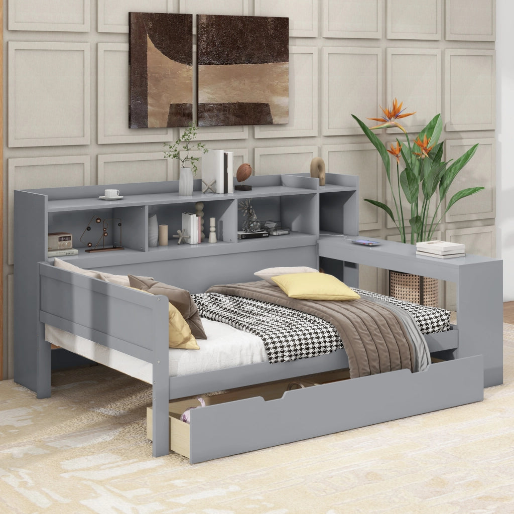 LETTO 90x200 cm con scrivania 2 cassetti USB e presa Grigio
